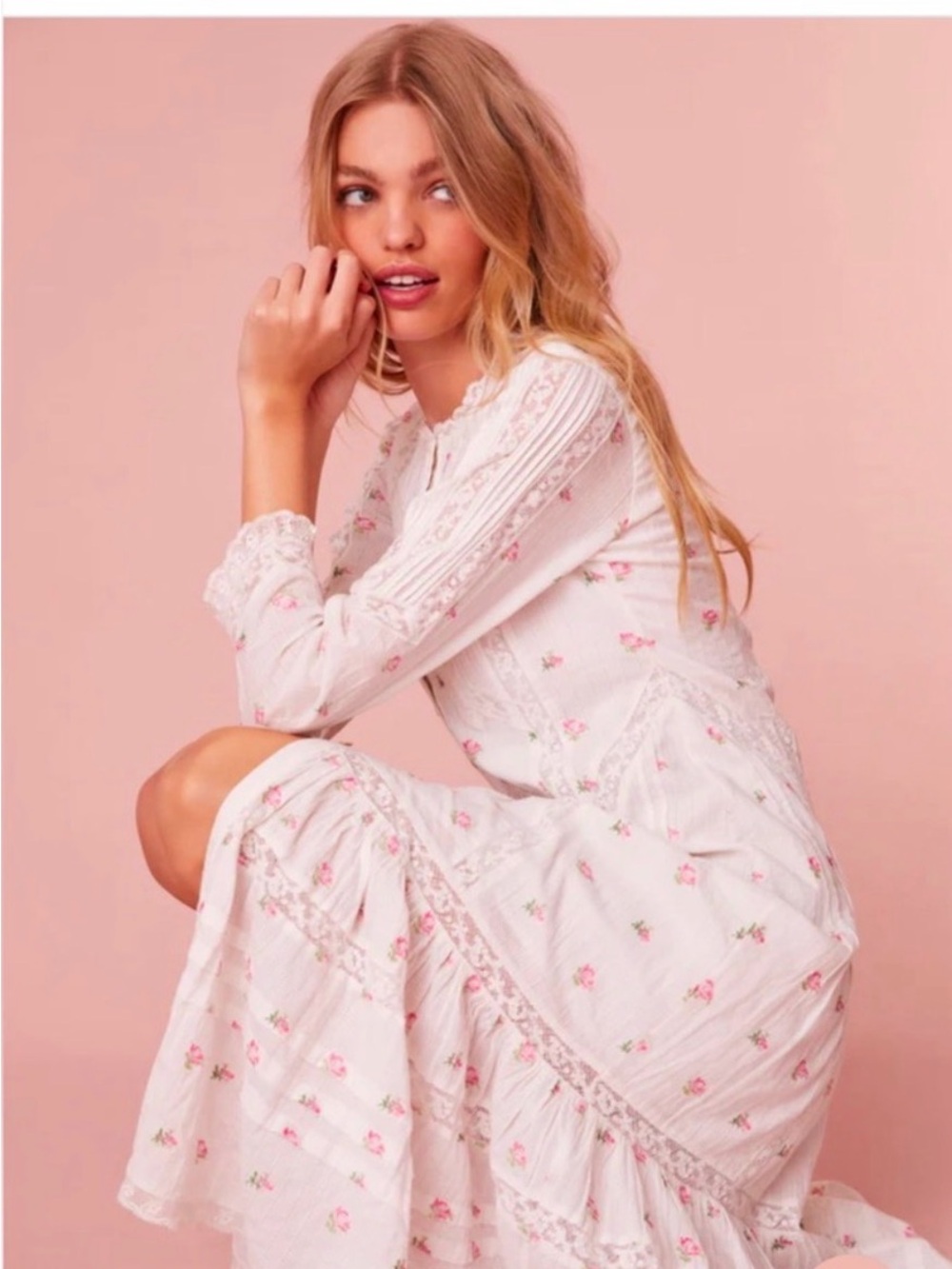 LoveShackFancy White Floral Cotton - AVIN DRESS with Pink Rose Print